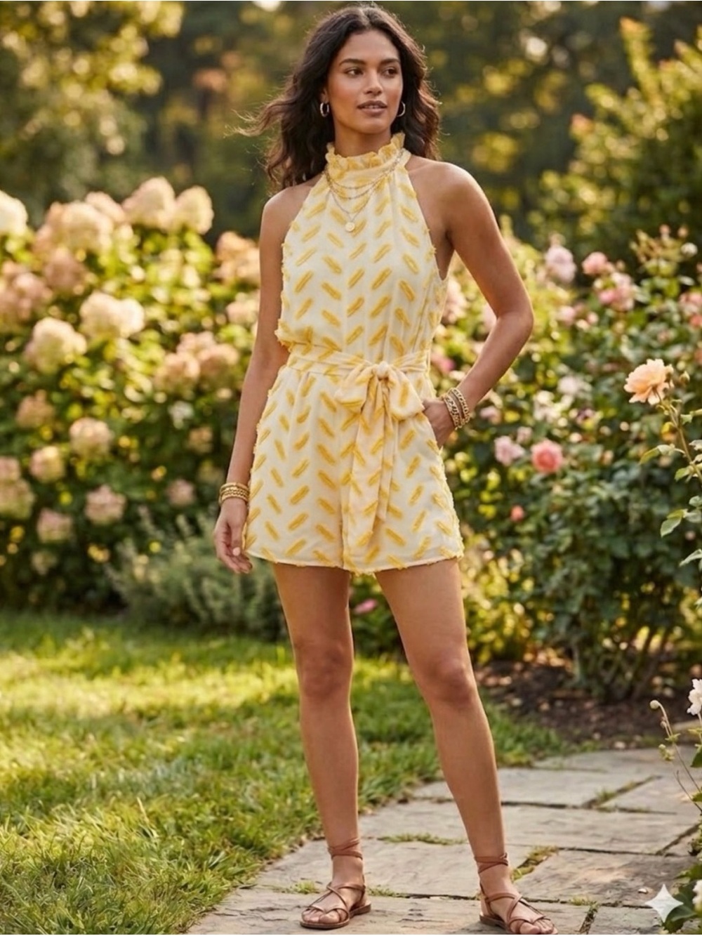 ALI & JAY from Anthropologie ‘Corina’ Yellow Textured Halter Romper
